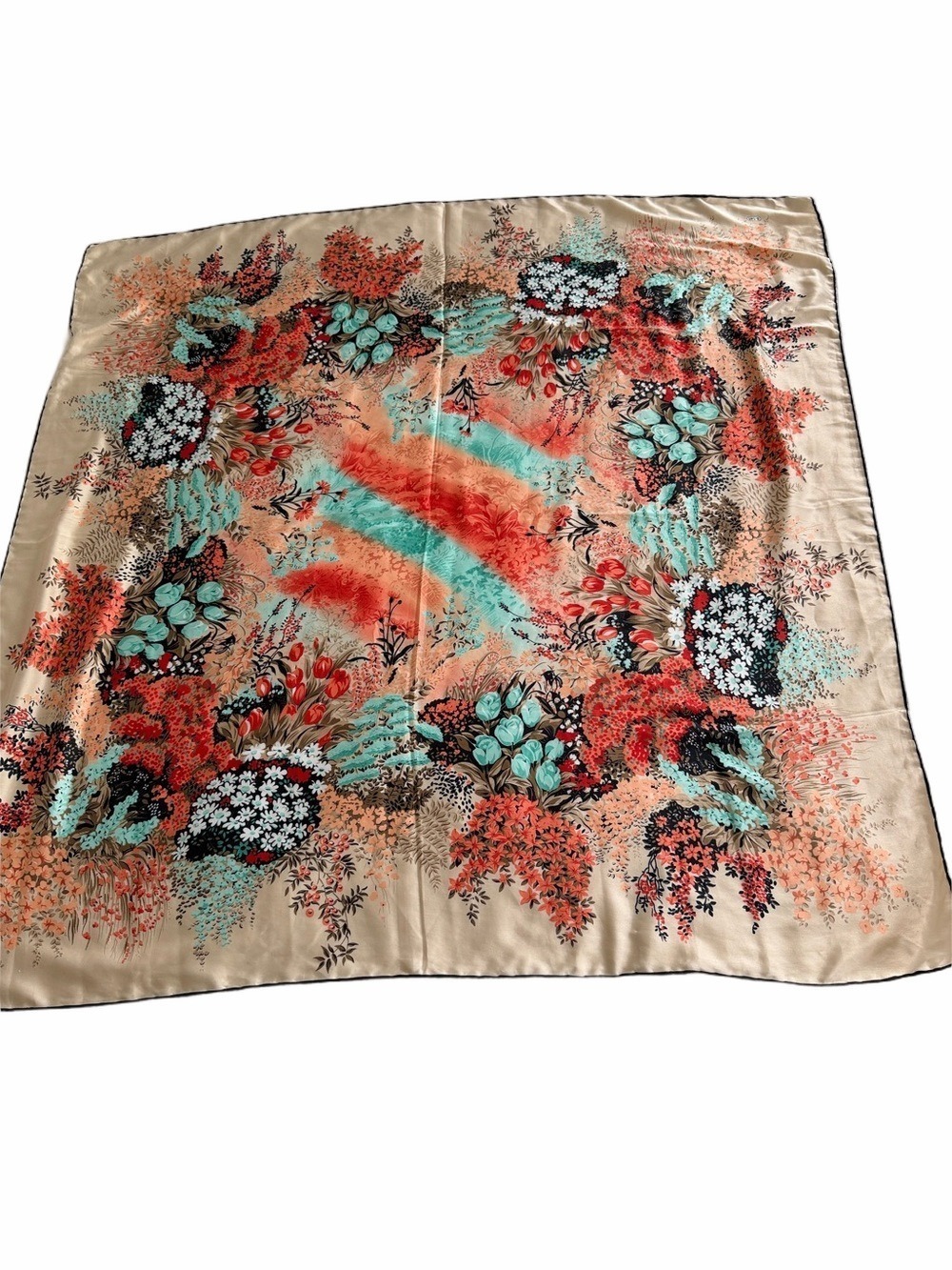 Arnisa Istanbul Vintage Floral Scarf Coral Teal Peach 35” Square